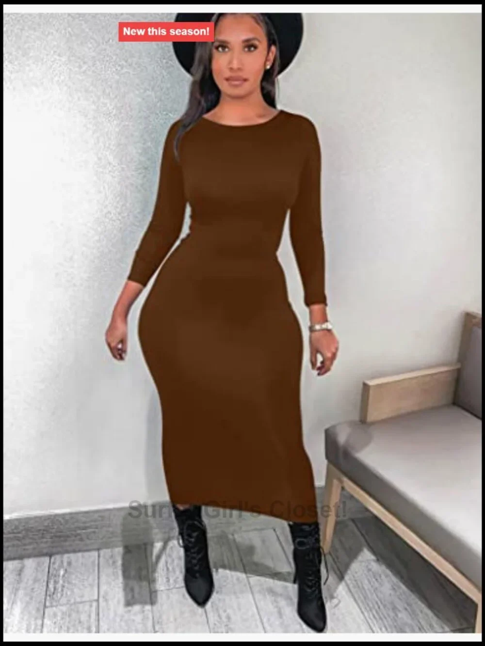 Women's Bodycon Long Sleeve Midi Pencil Dress